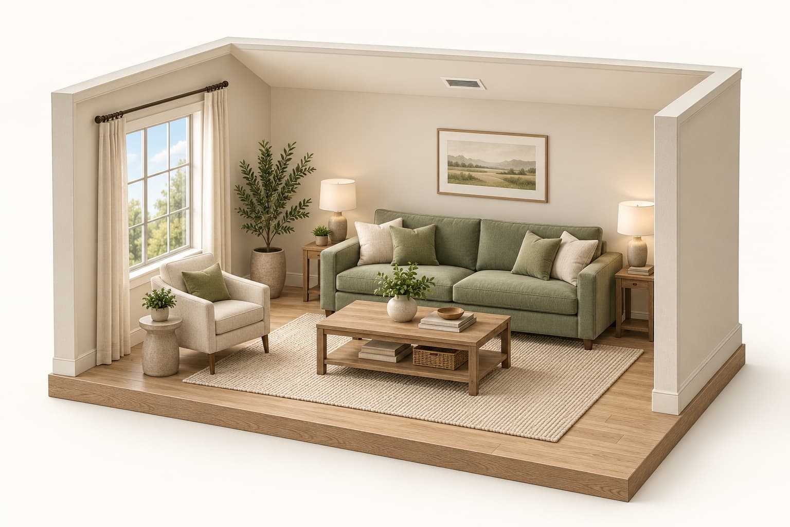 Illustrated living room used to explain how cooling output changes