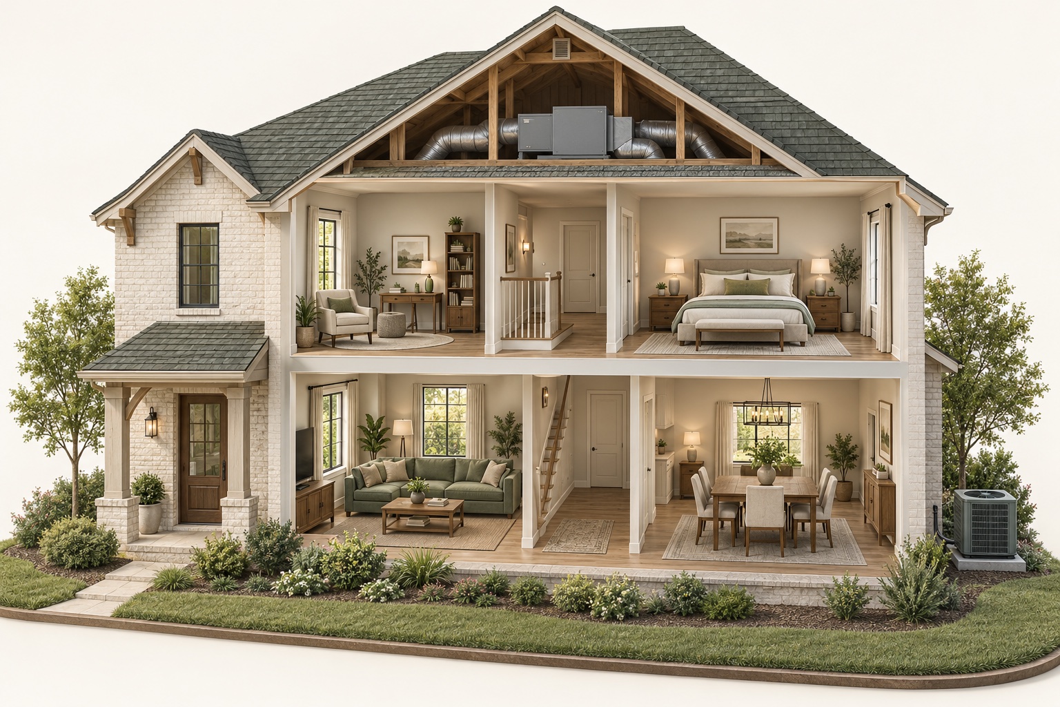 Architectural cutaway of a furnished two-story home, with bedrooms upstairs, living spaces downstairs, attic equipment, and an outdoor AC unit.