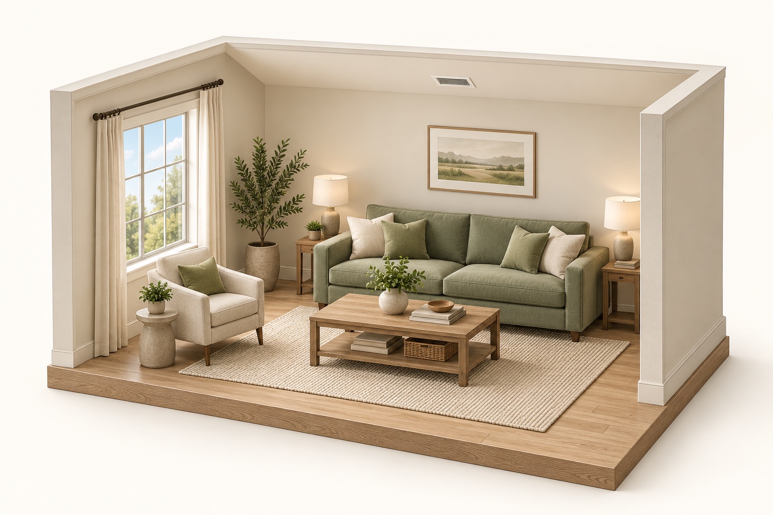 Single-stage cooling illustrated in the same furnished living room.